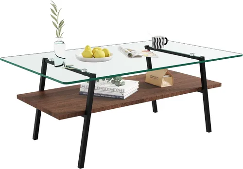 Vista 5 de Mesa auxiliar de cristal para sala de estar, mesa de centro de 2 niveles de mediados de siglo, mesa central con parte superior de vidrio templado