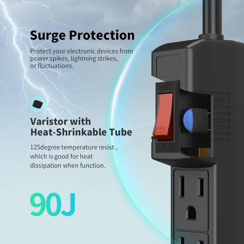 Vista 4 de PLUGTUL Paquete de 2 protectores de sobretensiones con 6 tomas de corriente y cable de extensión de 2 pies, 1875 W/15 A, 90 julios, protección Negro