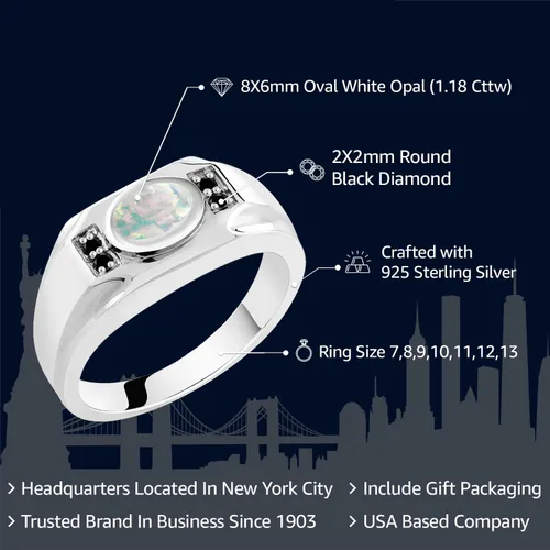 Vista 2 de Gem Stone King Anillo de plata de ley 925 con ópalo blanco y diamantes negros para hombre