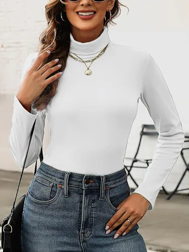 Vista 2 de KYLELOVE Camisetas térmicas de manga larga con cuello alto para mujer, básicas, ajustadas, para otoño e invierno