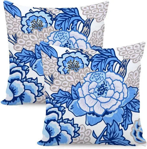 Vista 17 de Juego de 2 almohadas coloridas de estilo chinoiserie, color rosa intenso, azul real, peonía, floral, blanco, lino, estilo chinoiserie, para sofá