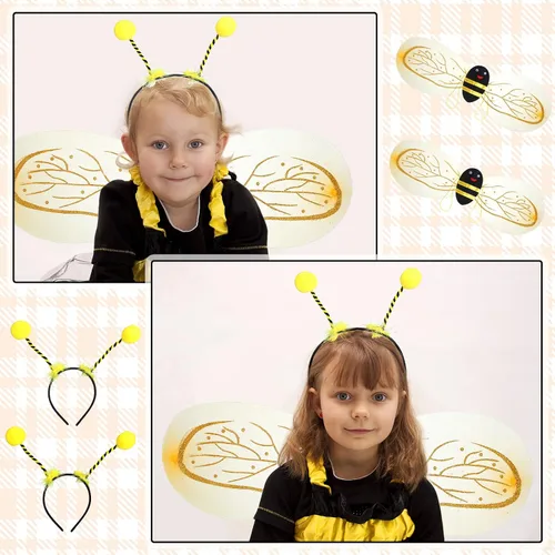 Vista 4 de Laumoi 8 Pcs Bee Costume Set Kids Bee Fancy Dress Wing Leg Warmers Pants Gloves Bee Outfit for Children Halloween Cosplay
