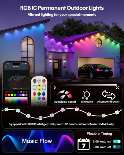 Vista 2 de Luces permanentes al aire libre Super RGB de 15,5 m, luces de cornisa RGB+IC inteligentes con control remoto por aplicación, LED de color individual