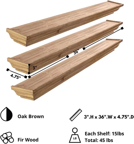 Vista 7 de Kiera Grace Muskoka Fitz - Estantes flotantes de madera, juego de 3, tamaños de 36 pulgadas, nogal natural, perfectos para mostrar preciosos marcos