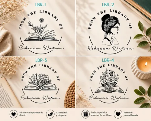 Vista 3 de Estampadora de libro personalizada de la biblioteca de Ex Libris Selladora floral Sellos de biblioteca personalizados Mango de madera