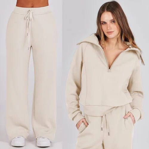 Vista 5 de MWVVIP Nouveou - Conjunto de ropa de descanso de 2 piezas, conjunto de descanso Nouveou, conjunto de sudadera con media cremallera, conjunto de 2