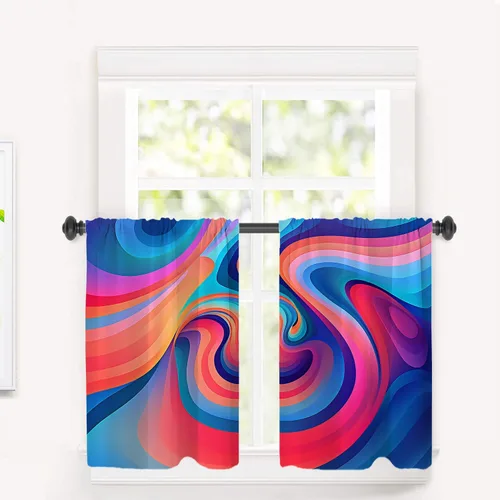 Vista 82 de Cortinas de cocina de hojas de arce otoñales para ventanas, hojas verdes y rojas sobre cenefas opacas negras, tratamientos de ventana de poliéster