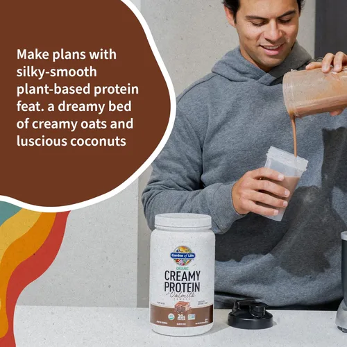 Vista 3 de Garden of Life Proteína vegetal cremosa + leche de avena en polvo + proteína vegana con sabor a chocolate, a base de plantas, prebióticos