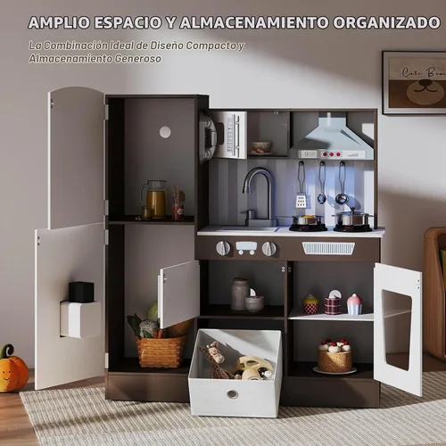 Vista 8 de JOYLDIAS Juego de cocina de madera para niños pequeños con luces y sonidos Marrón