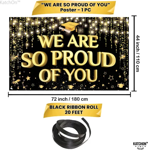 Vista 4 de KatchOn, XtraLarge We are So Proud of You Banner – 72 x 44 pulgadas Fondo de graduación negro y dorado 2026 para decoraciones de graduación 2026