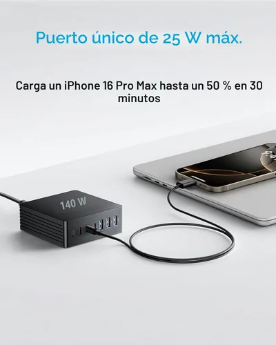 Vista 7 de Estación de carga USB C, estación de carga rápida GaN III de 7 puertos de 140 W, estación de carga USB PD 3.0 para múltiples dispositivos, estación
