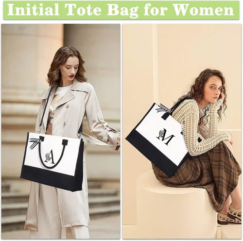 Vista 3 de YOOLIFE Bolsa de lona personalizada con inicial con bolsa de maquillaje, bolsa de playa con cremallera correa ajustable, regalos de cumpleaños