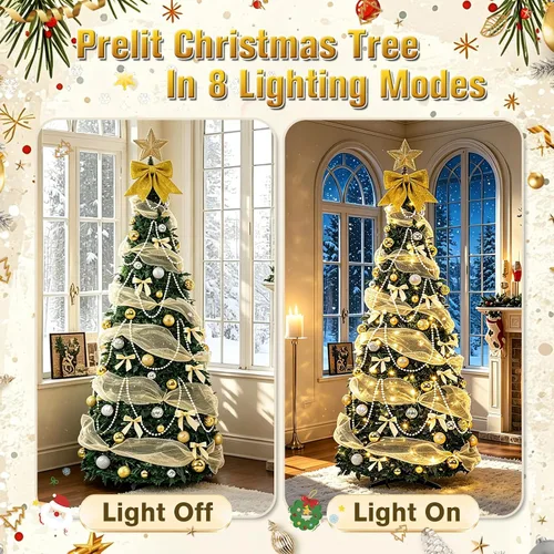 Vista 5 de Decoración de árbol de Navidad dorada preiluminada de 6 pies con Árbol artificial plegable con 150 luces LED cálidas, predecorado, fácil de montar