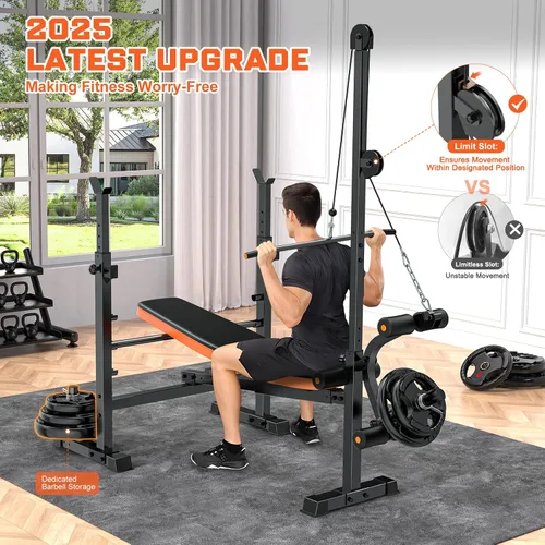Vista 4 de Fostoy 880lbs Weight Bench Set with LAT Pulldow, Bench Press Rack with Leg Extension/Curl and Preacher Curl, 8 in 1 Olympic Weight Benches for Home