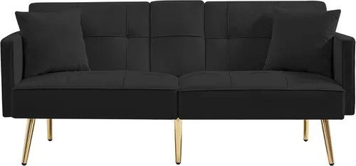 Vista 4 de Moderno sofá cama biplaza de terciopelo con 2 bolsillos, sofá cama convertible tapizado con respaldo múltiple ajustable, futón con patas doradas