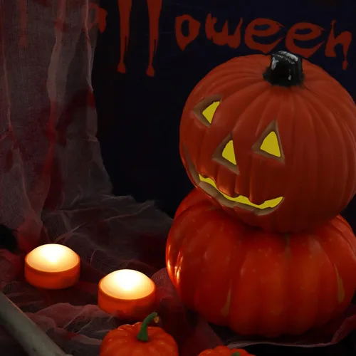 Vista 5 de Paquete de 2 luces LED de calabaza de Halloween con control remoto y temporizador, color naranja, parpadeante, funciona con pilas, velas eléctricas