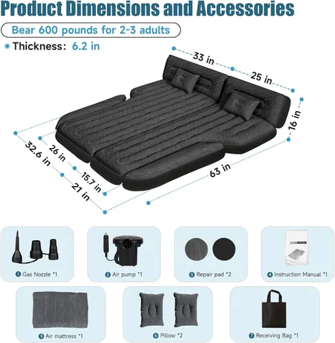 Vista 5 de SUV Air Mattress Double-Sided Flocking Car Mattresses for Car Bed, Travel Camping Sleeping Bed with Air Pump 2 Pillows Negro Suv