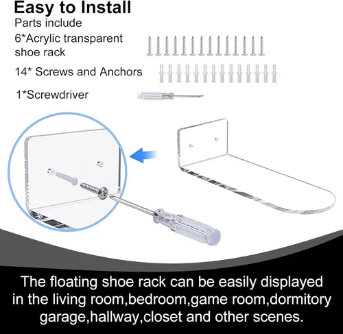 Vista 3 de Zapatero flotante de acrílico (juego de 6) soporte de pared para zapatos, estante de almacenamiento transparente para uso doméstico, estante