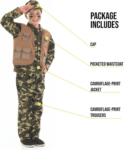Vista 3 de Fun Shack Disfraz militar para niños y niñas soldado disfraz militar de Halloween para niños disponible en tallas S M L XL
