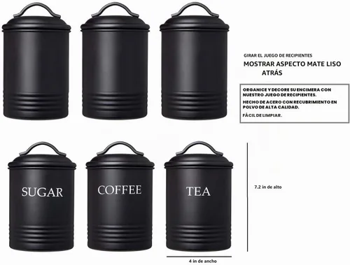Vista 8 de Juego de 3 recipientes de cocina negros – Recipientes herméticos para almacenamiento de alimentos con tapas para azúcar, café y té, juego de tarros