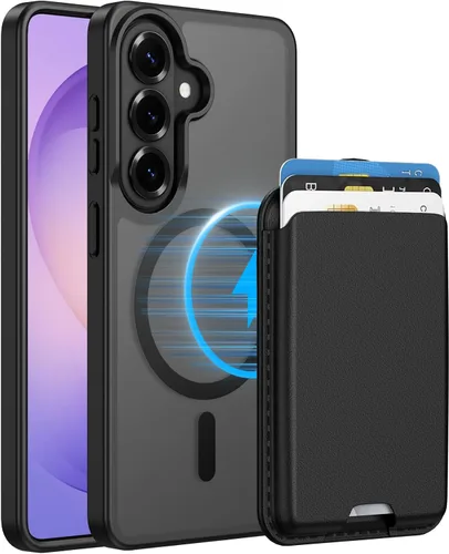 Vista 26 de Funda magnética para Samsung Galaxy S25 FE, transparente y negro con soporte para tarjetas de crédito desmontable, compatible con MagSafe, ajuste