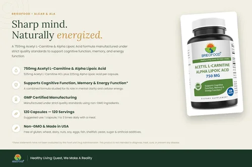 Vista 2 de Brieofood Acido acetil L-carnitina alfa lipoico (ALA ALC) 750 mg 120 Cápsulas