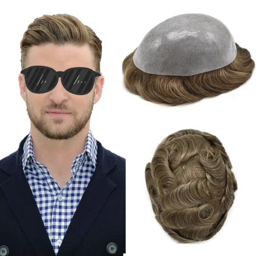 Vista 20 de Toupee para hombres Sistema de reemplazo de cabello humano PU piel fina V-looped Hair Piece Nature Hair System para hombre Toupee 6X8#1B Off Black