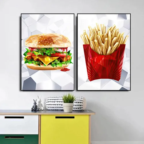Vista 5 de Hamburguesa papas fritas Imagen Mural Decoración, Impresión de lienzo Imágenes Restaurante Arte de la pared Impresiones para la decoración moderna