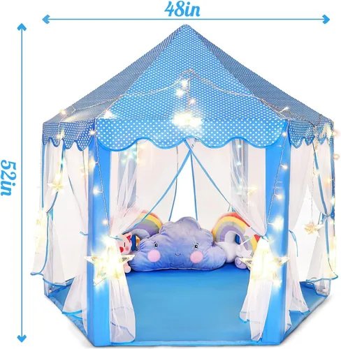 Vista 6 de Sumbababy - Tienda de campaña de castillo de princesa para niñas, de juego, hexagonal, azul, con luces de estrella de hadas, juguetes para niños