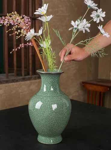 Vista 7 de Jarrón de cerámica verde, jarrones chinos antiguos de esmalte de grietas de hielo, 11.2 pulgadas de alto Handmade Art Big China Porcelain Vase for