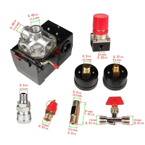 Vista 3 de Válvula de control del interruptor de presión del compresor de aire, 90-120 PSI con regulador y manómetro, 4 puertos 1/4" NPT con válvula