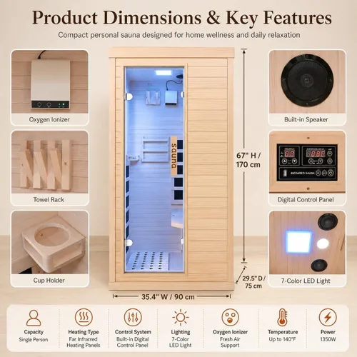 Vista 3 de Sala de sauna de infrarrojo lejano de 1350W para el hogar, sauna de madera canadiense de Hemlock de calentamiento rápido bajo EMF, luz de sauna que