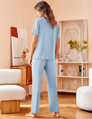 Vista 4 de Avidlove - Pijama para mujer, ropa de dormir suave, con cuello con solapas con muesca, de manga corta y con botones, con pantalones largos, ropa