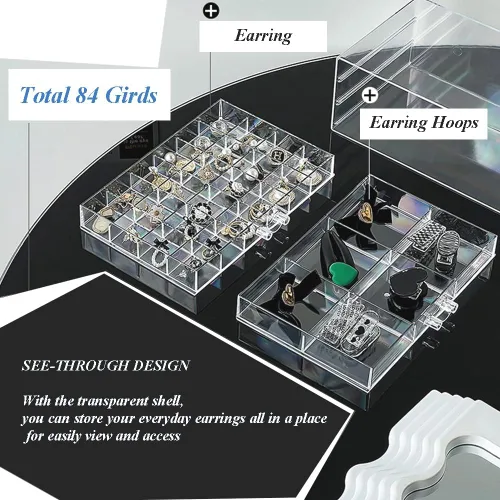 Vista 3 de YUFONG Caja organizadora de almacenamiento de aretes, 5 cajones, organizador de joyas, caja de almacenamiento de joyería acrílica, compartimento