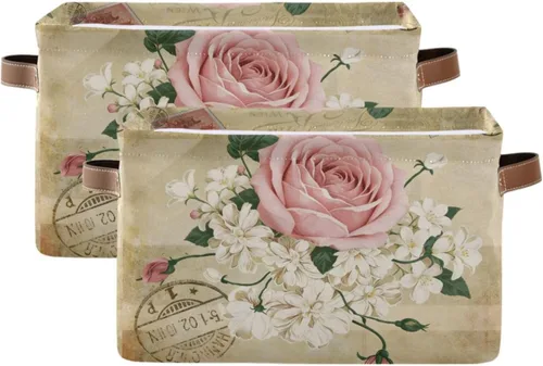 Vista 2 de ALAZA Shabby Chic - Caja de almacenamiento plegable con diseño floral de rosas, cestas organizadoras con asas para estantes, armario, sala de estar