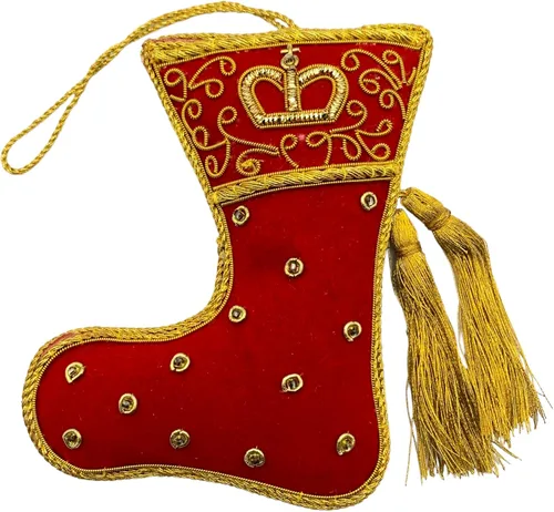 Vista 15 de Adorno de Navidad adornado con corazón verde, bordado Zari Zardozi dorado con cuentas y perlas de imitación, bolsa de presentación