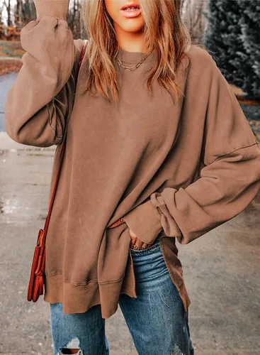 Vista 3 de SHEWIN Sudadera casual de manga larga con cuello redondo para mujer, ligera, holgada