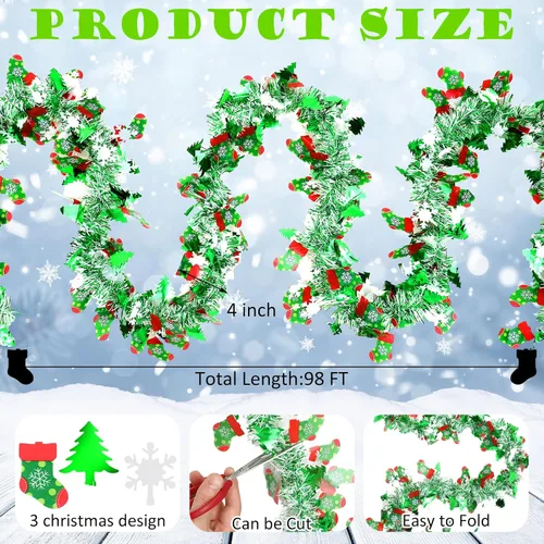 Vista 2 de XunYee Guirnalda de Oropel de Copos de Nieve para Árbol de Navidad de 98 pies, Decoraciones de Guirnalda Metálica Trenzada Roja Verde, Adorno
