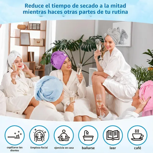 Vista 6 de Toalla para el cabello, paquete de 5 envolturas para el cabello de secado rápido, altamente absorbentes, ajustables, suaves, turbante