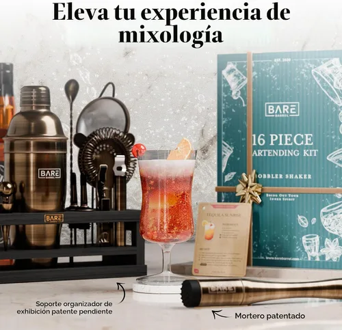 Vista 8 de BARE BARREL® Mixology Bartender Kit Bar Set Juego de coctelera de 16 piezas Herramientas de mezcla de Martini Barware para el hogar Incluye 35