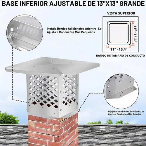 Vista 4 de Tapa de chimenea, cubierta de chimenea de 13" x 13", método de instalación inferior ajustable para adaptarse a las dimensiones exteriores