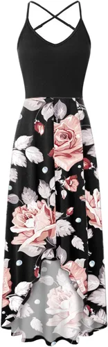 Vista 2 de Gerichy Vestido para mujer, vestido casual de verano sin mangas, cuello en V, asimétrico, de retazos, floral, maxi vestidos, Estilo X06 F