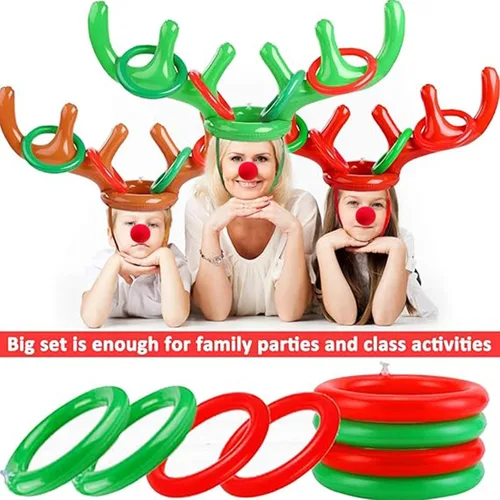 Vista 7 de Juego de 18 piezas de 3 anillos inflables de cornamenta de reno para lanzar juegos de fiesta de Navidad, juguetes familiares para niños, relleno