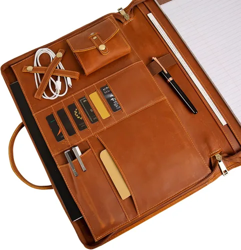 Vista 7 de Portafolio de Cuero Genuino, Organizador Padfolio con Asa, Padfolio Personalizado, Padfolio con Cremallera para Hombres y Mujeres, Adecuado