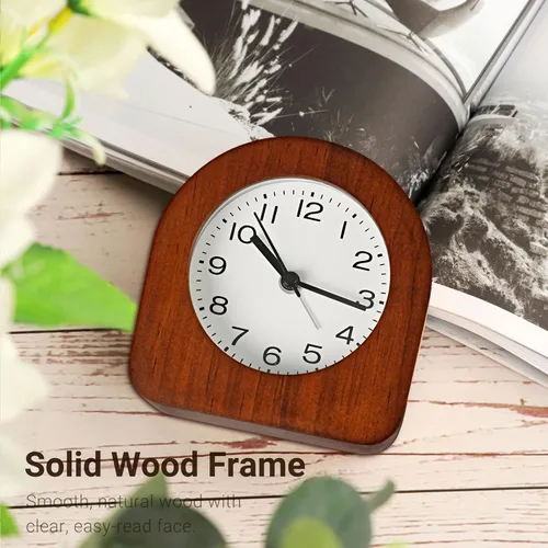 Vista 8 de Reloj despertador analógico vintage de madera maciza, funciona con pilas, con luz nocturna no interrumpida, reloj despertador sin tictac con botón