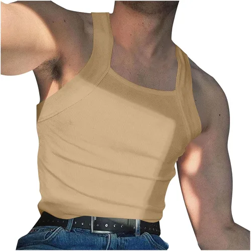 Vista 10 de Generic Camiseta sin mangas acanalada para hombre, corte cuadrado, camiseta sin mangas ajustada, ropa interior de verano, a la moda