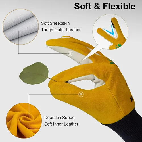 Vista 5 de Cactus Gloves, 2 Layers Leather Palm, Deerskin Back Women Gardening Gloves Amarillo y blanco
