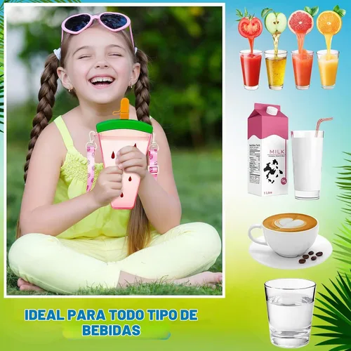 Vista 5 de 3 botellas de agua con pajitas creativas Kawaii en forma de cámara de helado, sandía, correa ajustable, botella de agua de plástico para viajes