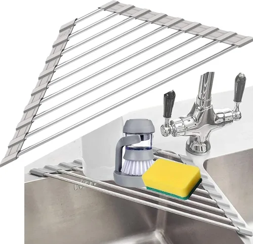 Vista 9 de Escurridor de Platos Triangular para Esquina de Fregadero Enrollable Escurridor de Platos Plegable de Acero Inoxidable Multiusos Sobre el Fregadero
