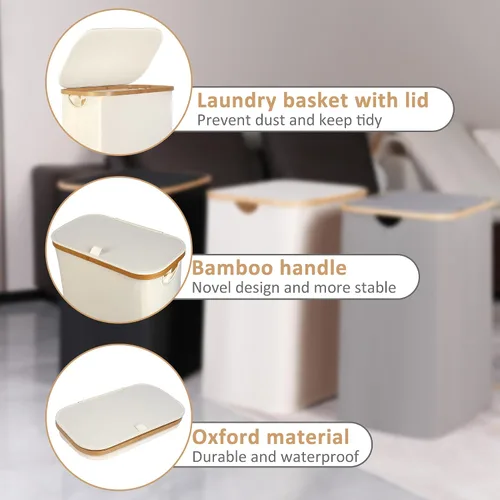 Vista 4 de iEGrow - Cesta de lavandería delgada de 65L, cesta de lavandería estrecha con tapa, cesta de ropa plegable con asas de bambú, cesta de lavandería